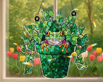 Whimsical Frog Peeking from Ivy Plant Pot Acrylic Ornament Window Hanging, Nature Lover Gift, Garden Decor Ornament, Gardening Gift