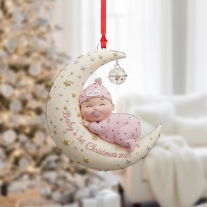 Personalisierte Babys erste Weihnachtsverzierung: Schlafendes Baby auf Mond