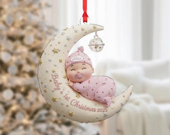 Personalisierte Babys erste Weihnachtsverzierung: Schlafendes Baby auf Mond