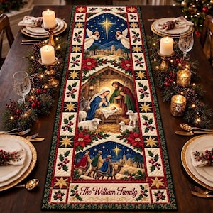 Kersttafelloper met kerststalmotief, gewatteerde eettafelmat voor de feestdagen