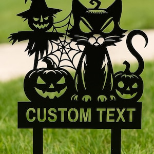 Personalized Halloween Black Cat Yard Sign, Custom Metal Garden Stake, Spooky Scarecrow & Pumpkin Outdoor Lawn Decor