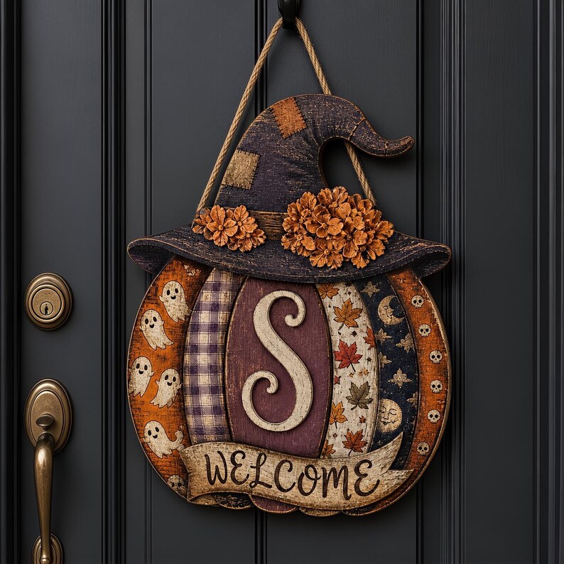 Puede incluir: Un letrero colgante para puerta con forma de calabaza y un sombrero de bruja con flores naranjas. La calabaza tiene paneles verticales con fantasmas, cuadros morados, una letra S central, hojas de oto&ntilde;o y lunas con calaveras. Una cinta inferior dice WELCOME.