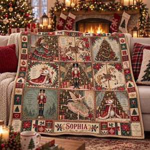 May include: A rectangular Christmas-themed quilt featuring a grid of nine panels with illustrations of a nutcracker, a ballerina, mice in royal robes, and a carousel horse, all surrounded by holiday greenery and the name SOPHIA in the center bottom.