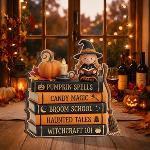 Puede incluir: Un letrero decorativo de mesa con una pila de cinco libros con los títulos PUMPKIN SPELLS, CANDY MAGIC, BROOM SCHOOL, HAUNTED TALES y WITCHCRAFT 101. Una pequeña figura de bruja se sienta encima con una calabaza, una vela y una escoba.