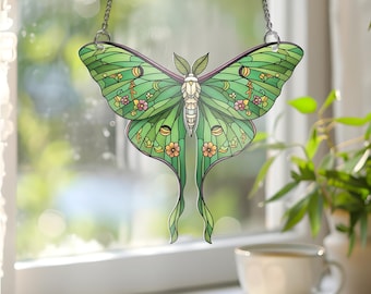 Floral Luna Moth Window Hanging: Holographic Acrylic Suncatcher