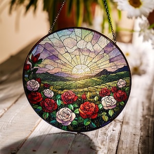 Rose flower Glass Suncatcher, Rose Sunset Window Hanging Gift, Rose Sun Catcher, Birthday Gift for Her, Summer Floral Decor