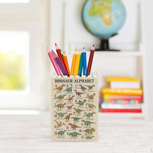 Dinosaur Alphabet Pencil Holder - Building Brick Desk Organizer - Kids Back to School Gift - Dino Classroom Decor Learning Gift for Teacher