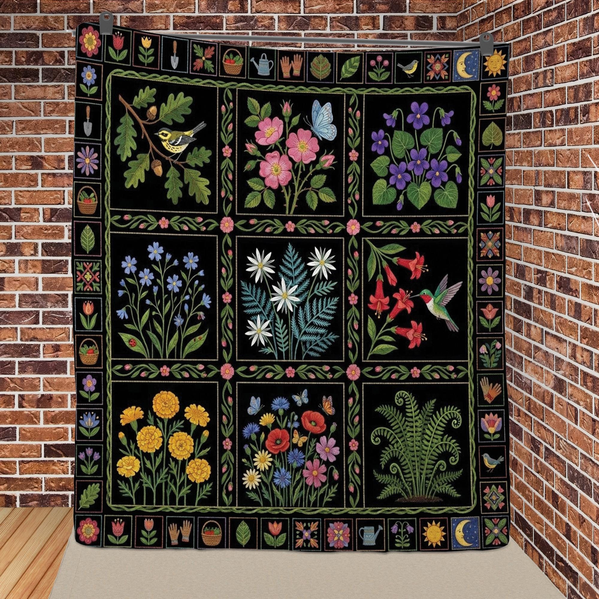 Soft Quilt Blanket: Folk Art Garden Print, Black Botanical Bedding ...