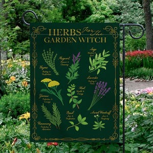 Bandeira de jardim de bruxa, faixa de bruxa com ervas para o jardim, decoração botânica para áreas externas, arte mágica para jardim de ervas, presente pagão para casa e jardim