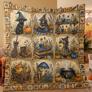 May include: A quilt featuring a grid of nine illustrations depicting a black cat in a witch hat, a person reading, potion bottles on shelves, a broom, books, a person with a lantern, a wagon of pumpkins, mushrooms, and a steaming cauldron.
