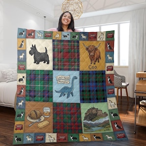 May include: A patchwork quilt featuring Scottish icons. The quilt showcases a black Scottish Terrier, a Highland cow with the word "Coo", the Loch Ness Monster, and a castle. The design incorporates tartan patterns and illustrations of a bus, a dog, and a unicorn.