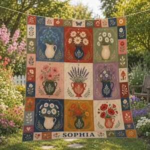 May include: A rectangular quilt featuring a grid of nine panels, each displaying a different floral arrangement in a vase. The border contains smaller floral motifs and the name SOPHIA is printed in dark letters along the bottom edge.
