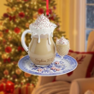 Gepersonaliseerd eierpunchornament, kerstdrankaandenken, aangepaste naam 2025, kan op bord met blauwe bloemen