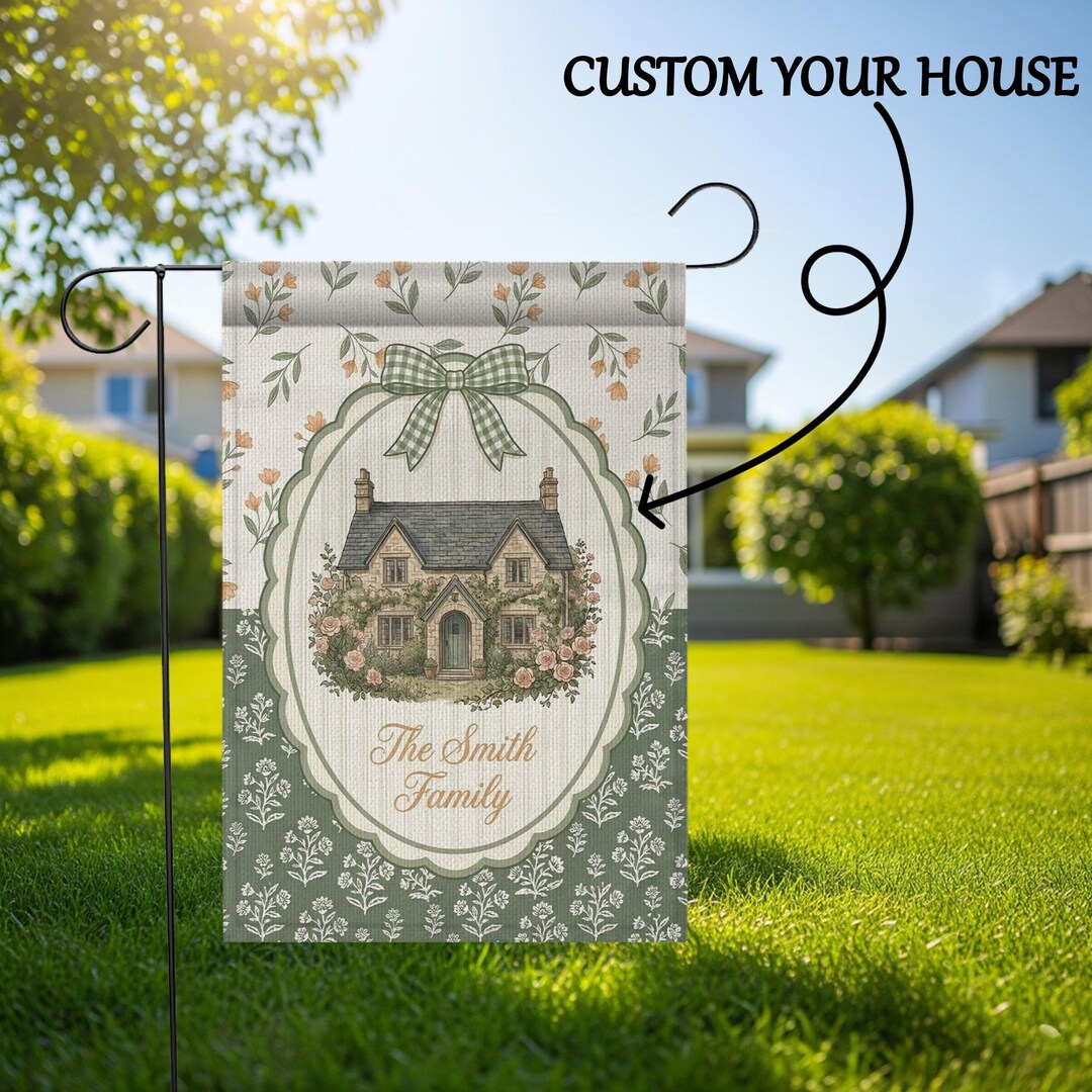 Custom Fabric Garden Flag: Cottage House Portrait Vintage Floral Green ...