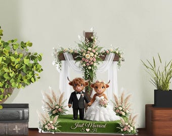 Personalized Highland Cow Wedding Acrylic Plaque: Rustic Cross Decor