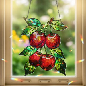Ornement suspendu pour fenêtre en acrylique hologramme cerise, décoration de fruits, art de cuisine en cerise rouge, idée cadeau pour amoureux de la nature, cadeau pour elle, cadeau amateur de cerises