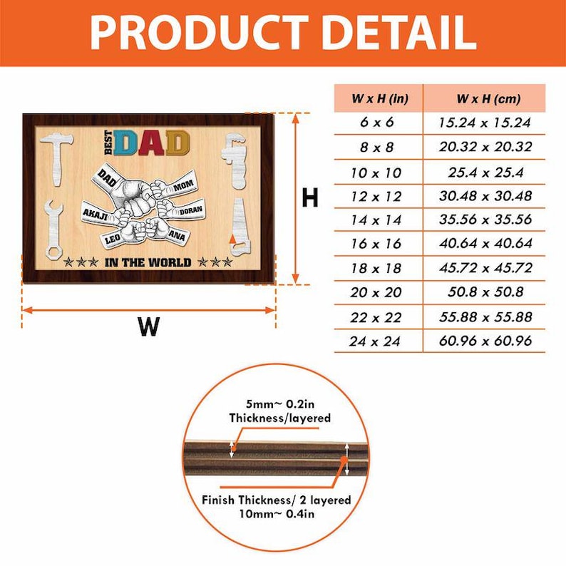 Puede incluir: Un letrero de pared rectangular de madera con el texto BEST DAD IN THE WORLD y un gr&aacute;fico central de pu&ntilde;os con nombres. Incluye ilustraciones de herramientas y una tabla de medidas de 15,24x15,24 cm a 60,96x60,96 cm, con un grosor de 5mm a 10mm.