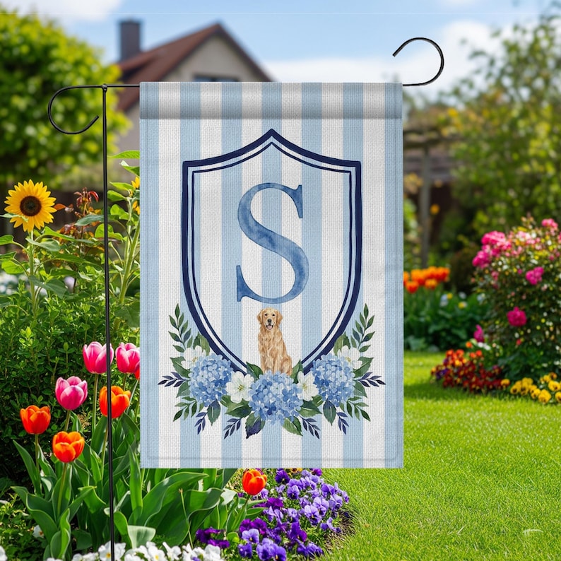 Custom Pet Portrait Garden Flag: Monogram Initial, Hydrangea Shield - Etsy