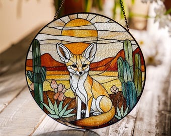 Fennec Fox Suncatcher: Desert Scene Acrylic Window Ornament