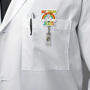 Funny Pride Badge Reel – “Not Today Jesus” LGBTQ ID Holder – Rainbow Goat Clip for Nurses, Office, Pride Month Accessories