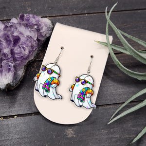 Beach Ghost Earrings, Summer Vacation Spooky Jewelry, Cute Ghost Dangle Earrings with Floaties, Funny Halloween Beach Accessories