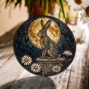 May include: Round stained glass panel featuring a hare sitting on a pedestal in front of a full moon. The artwork is framed by a dark metal border and includes white daisy flowers and foliage. The color palette includes shades of blue, brown, and yellow.