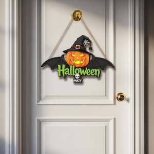 Halloween Party 2 layer  Door Sign - Jack O Lantern Bat Door Hanger - Spooky Witch Hat Wall Decor - Halloween Welcome Sign