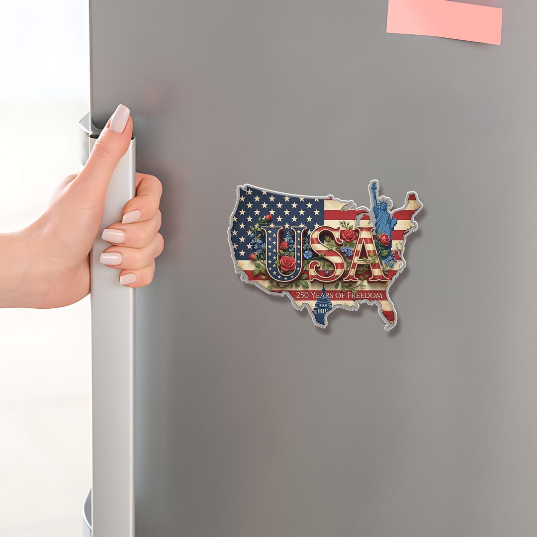 Acrylic Fridge Magnet: USA Map Shape With Floral Flag Design, 250th ...