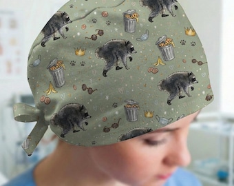 Funny Raccoon Nurse Scrub Cap: Sage Green Trash Panda Surgical Hat