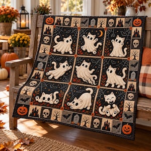 Könnte beinhalten: Ein Halloween-Quilt mit einem Raster aus neun Quadraten, die jeweils eine weiße Geisterkatze auf schwarzem Grund mit Spinnweben zeigen. Der Rand besteht aus abwechselnden Quadraten mit Kürbissen, Totenköpfen, kahlen Bäumen und Spukhäusern.