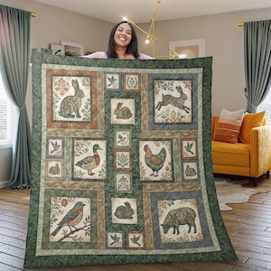 May include: A green and beige quilt featuring a patchwork design with various farm animals and birds. The quilt showcases detailed illustrations of rabbits, ducks, chickens, and sheep, set within decorative square frames. The overall aesthetic is rustic and cozy.