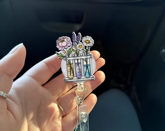Floral Science Badge Reel, Test Tube Flowers Retractable ID Holder, Botanical Lab Tech Gift, Nurse Doctor Student Badge Clip, Spring Flowers