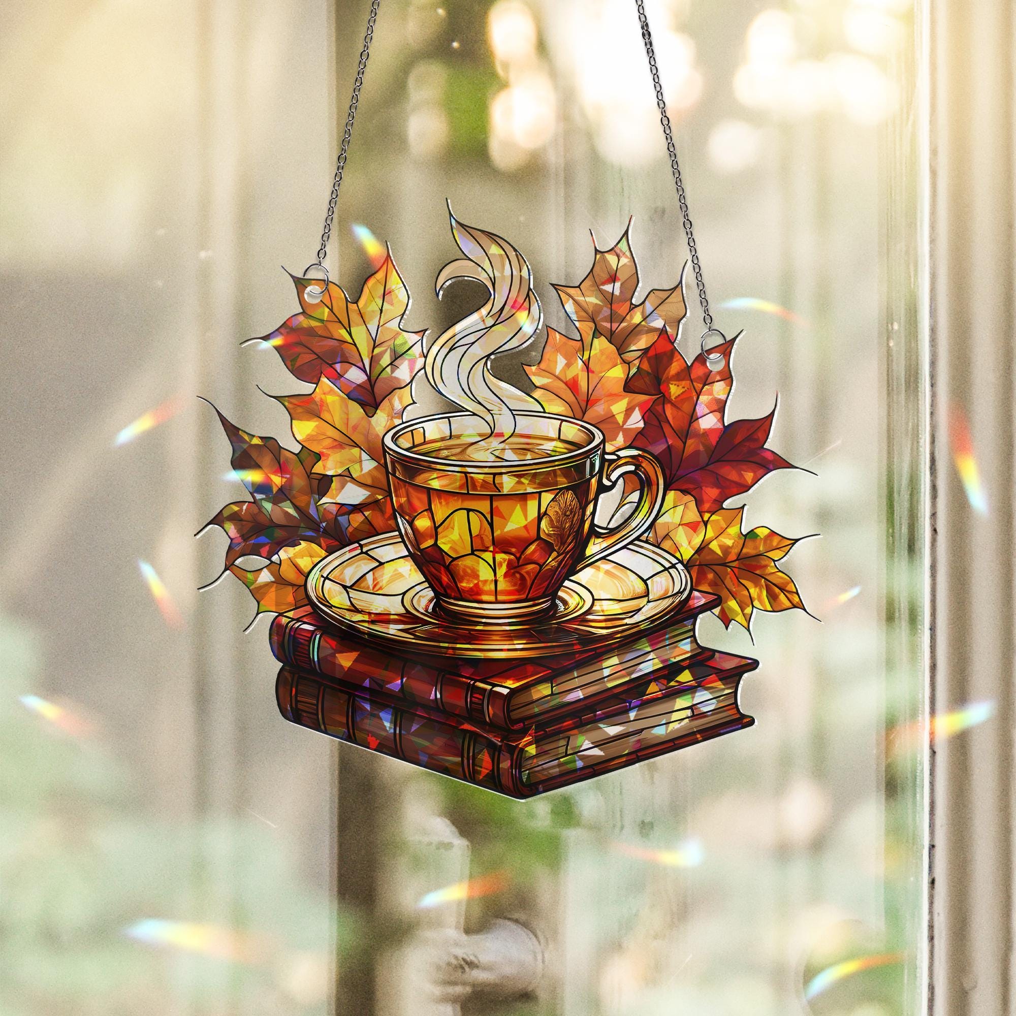 Holographic Acrylic Suncatcher: Autumn Tea Cup & Books Window Hanging