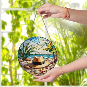 Beach Scene Glass Suncatcher, Tropical Ocean Window Hanging, Coastal Home Decor, Seashell & Palm Tree Art, Unique Summer Gift