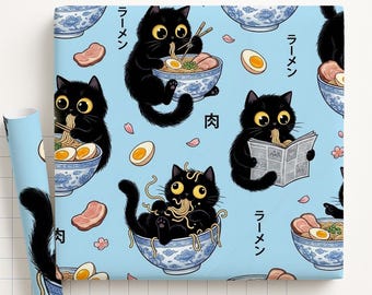 Wrapping Paper: Kawaii Black Cat Eating Ramen Noodles Anime Print