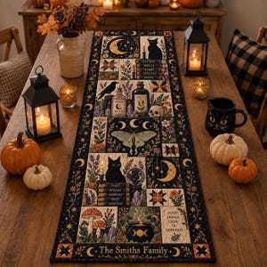 May include: A rectangular table runner featuring a dark background with printed illustrations of black cats, moons, moths, mushrooms, a cauldron, and books labeled Potions, Spells, Herbs, Crystals, Tarot, Rituals, Manifest, Brew, Intuition, and The Smiths Family.