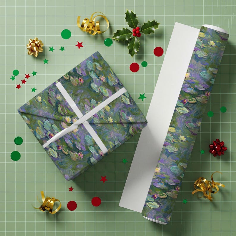 May include: A wrapped gift and a roll of wrapping paper with a water lily design. The gift is tied with white ribbon. The background is a light green grid with scattered gold bows, red stars, and green circles.