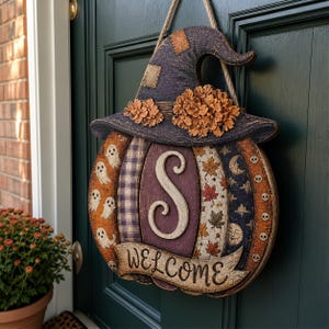 Puede incluir: Un colgador de puerta de madera con forma de calabaza y un sombrero de bruja morado con flores naranjas. La calabaza tiene paneles verticales con fantasmas, cuadros, la letra S, hojas de oto&ntilde;o, lunas y calaveras. Un cartel dice WELCOME.