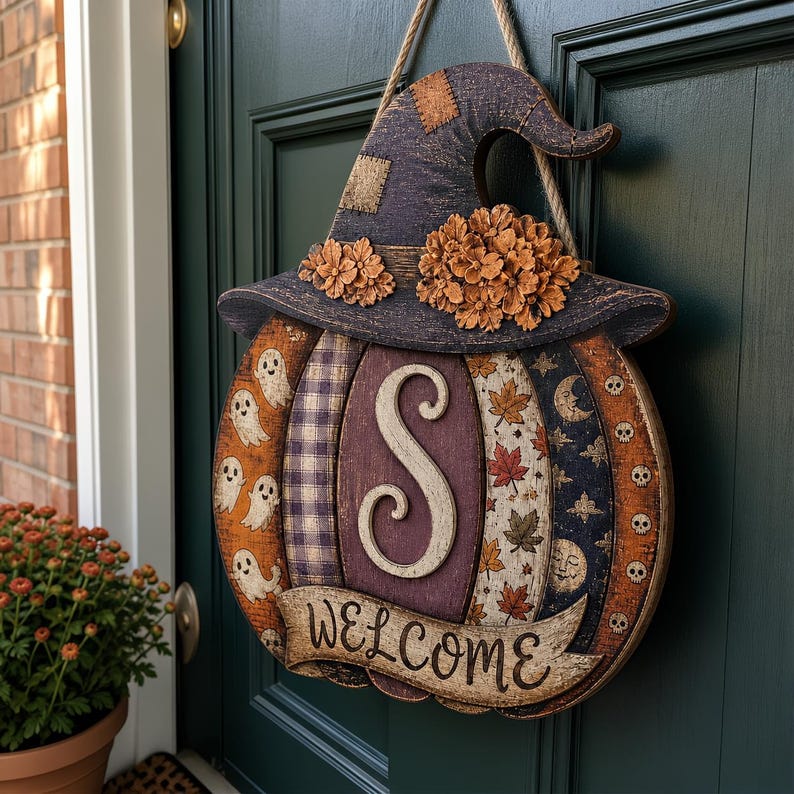 Puede incluir: Un colgador de puerta de madera con forma de calabaza y un sombrero de bruja morado con flores naranjas. La calabaza tiene paneles verticales con fantasmas, cuadros, la letra S, hojas de oto&ntilde;o, lunas y calaveras. Un cartel dice WELCOME.