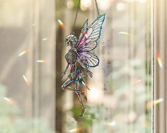 Skeleton Fairy Suncatcher: Gothic Holographic Window Hanging