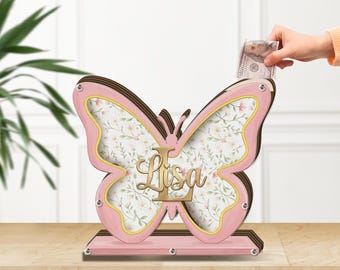Personalisierte Schmetterling Sparschwein: Name & Blumen Holz Spardose, Rosa Kinderzimmer Dekor