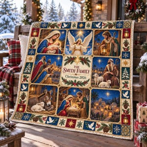 Könnte beinhalten: Ein rechteckiger Quilt mit einem Raster aus neun Feldern, die eine Krippenszene, einen Engel und den Text THE SMITH FAMILY Christmas 2026 zeigen. Der Rand ist mit Tannenzapfen, Schneeflocken, weißen Tauben und Laternen auf blauem Grund verziert.