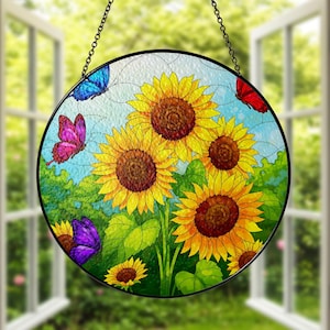 Levendige zonnebloem en vlinder glazen zonnevanger, handgemaakt natuurraam hangend decor, kleurrijke tuinkunst cadeau voor thuis, bloemenliefhebber