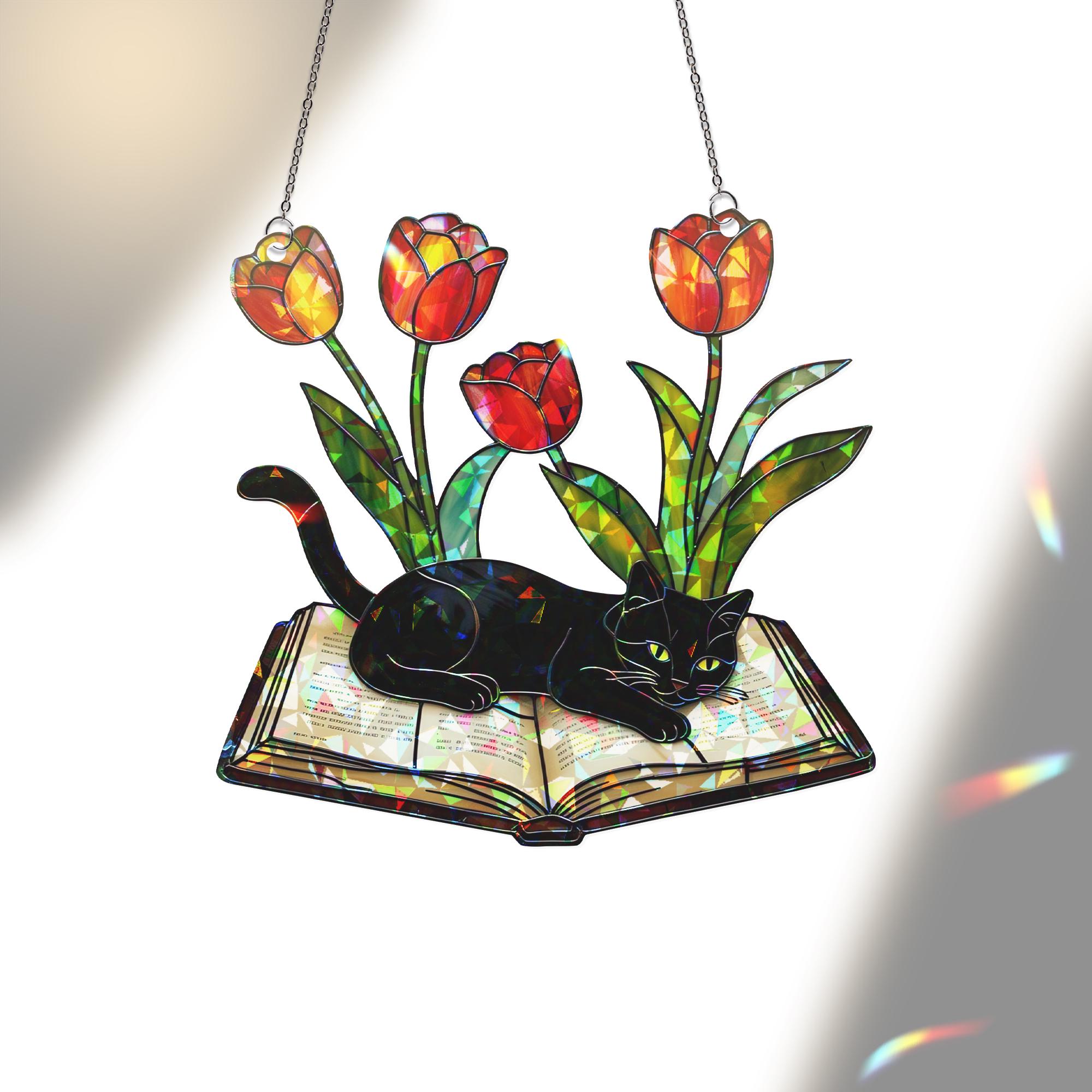 Schwarze Katze auf Buch Tulpen Acryl Fenster hängende Verzierung, Regenbogen Maker Wohnkultur, einzigartiges Geschenk für Katzenliebhaber Leser, Buchliebhaber, Buchclub