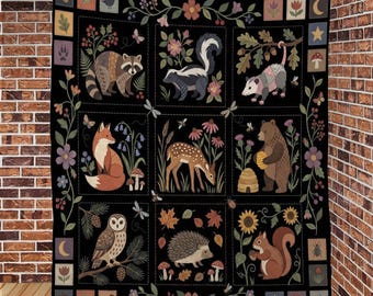Quilted Blanket: Woodland Animal Folk Art Black Grid Throw