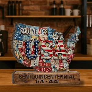 Placa de matrícula del 250.º aniversario de EE. UU. en madera: decoración del mapa del semiquincentenario (1776-2026)