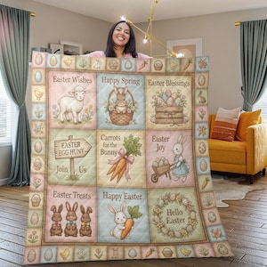 May include: A pastel-colored Easter-themed quilt featuring various illustrations of bunnies, eggs, and carrots. The quilt includes text such as "Easter Wishes," "Happy Spring," and "Hello Easter." The design is framed with decorative borders.