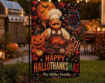 May include: A rectangular garden flag featuring a chef in a white hat holding a wooden spoon, a roasted turkey, pumpkins, and gingerbread cookies. The text reads "HAPPY HALLOTHANKSMAS" and "The Miller Family" against a background of autumn leaves.