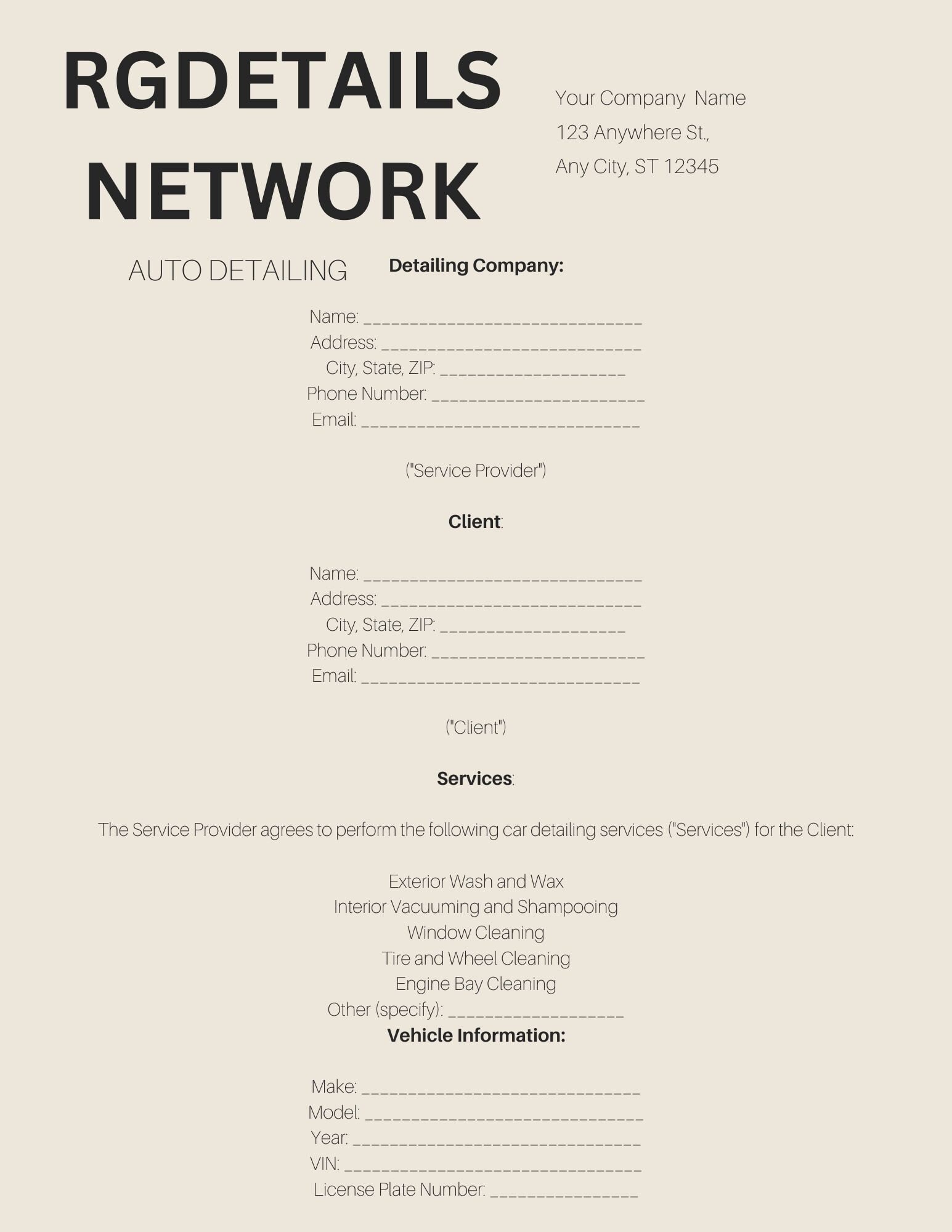 Auto Detailing Contract Template Professional Service Agreement - Etsy