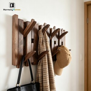 May include: A wooden wall-mounted coat rack with multiple angled hooks. The rack is made of dark brown wood and holds a black handbag, a tan baseball cap, and a patterned scarf. The logo "Harmony Homes" is in the upper left corner.